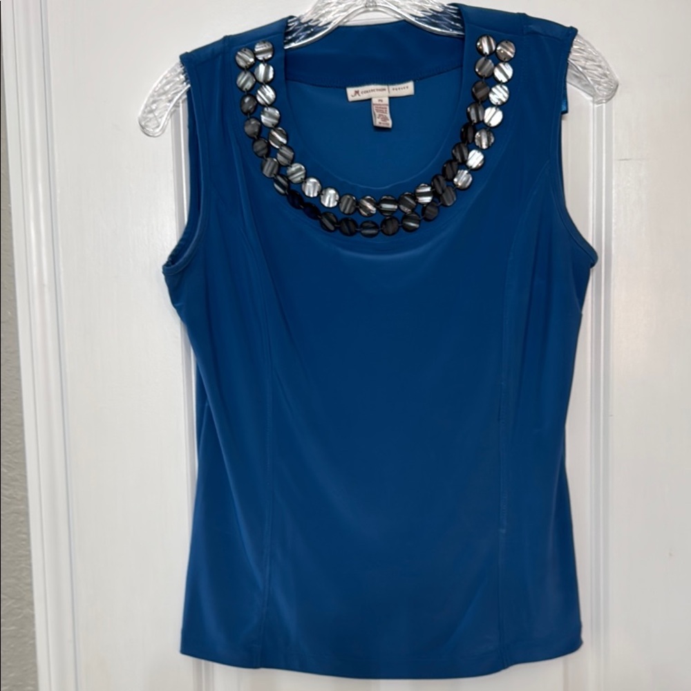 Blue Sleeveless Top with Embellished Neckline